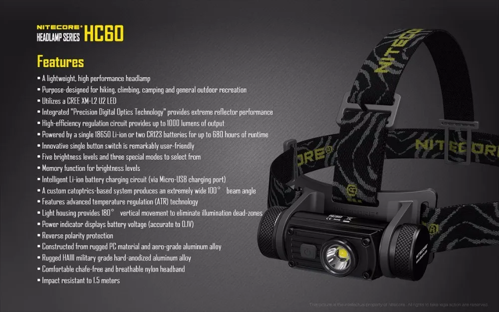 Светодиодный налобный фонарь NITECORE HC60 XM-L2 U2 Макс. Расстояние луча 117 лм 18650 метров перезаряжаемая фара с аккумулятором 3400 мАч