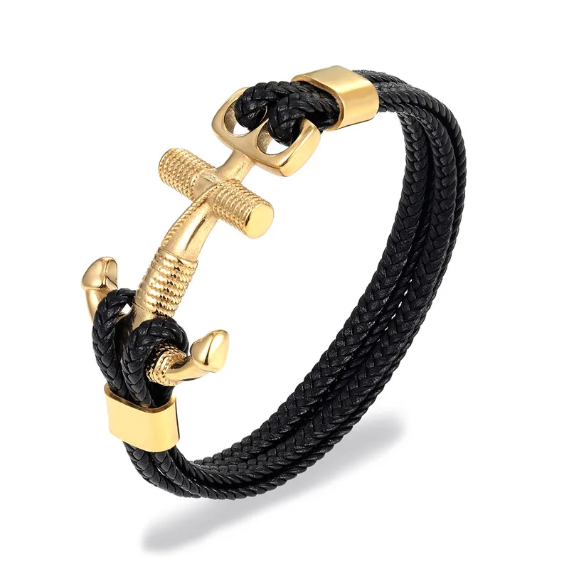 Gold Anchor Модный кожаный браслет с якорем для мужчин черная косичка многослойная веревочная цепь из нержавеющей стали аксессуары для животных мужские ювелирные изделия подарки - Окраска металла: Gold Anchor