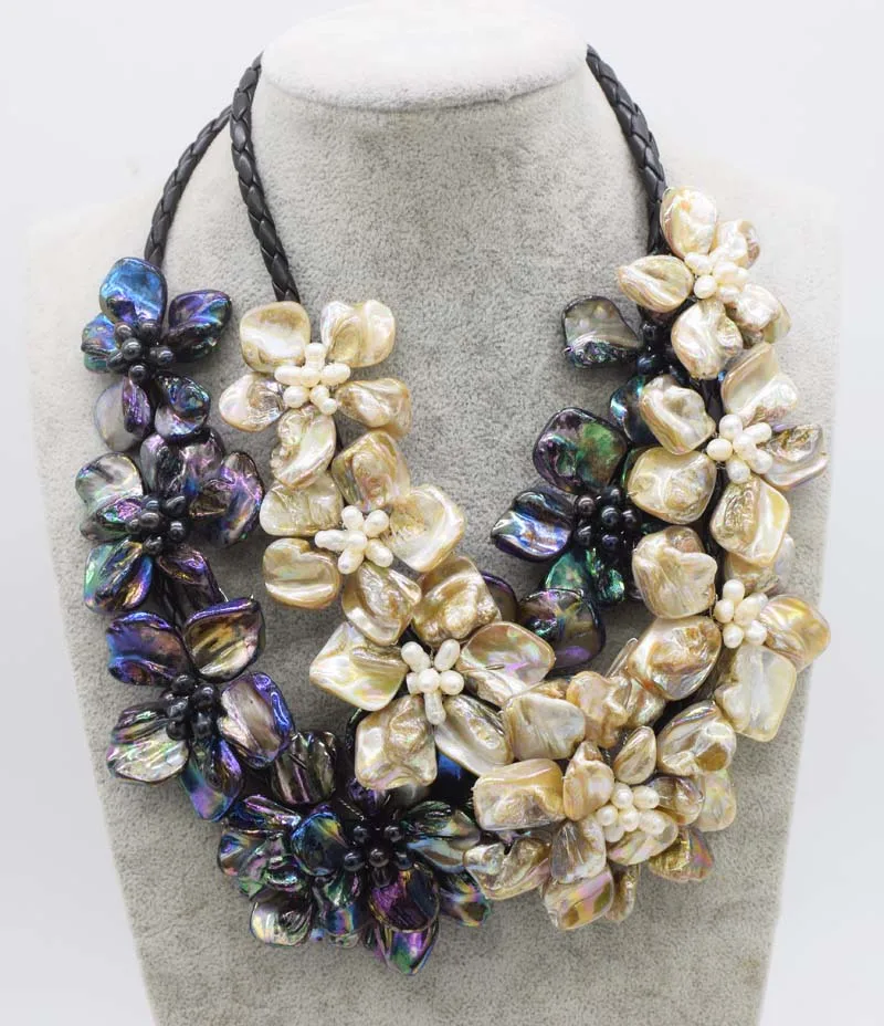 Вау! Ожерелье из пресноводного жемчуга белый рис и ракушки цветок Барокко 18