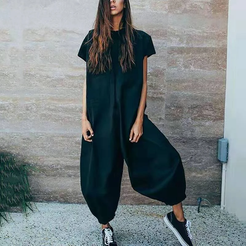 Black Женские летние комбинезоны, S~ 2XL, большой размер, сплошной цвет, с коротким рукавом, комбинезон, штаны-фонарики, хлопок, лен, свободные брюки, комбинезоны - Цвет: Black