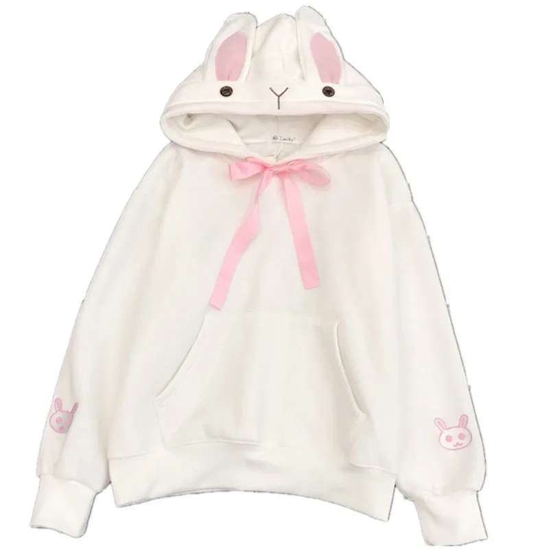 Белый Kawaii/толстовка с капюшоном с милыми заячьими ушками; женские толстовки в стиле Харадзюку; свободные спортивные костюмы с вышивкой; пуловеры; Moletom; большие размеры XXL - Цвет: Белый