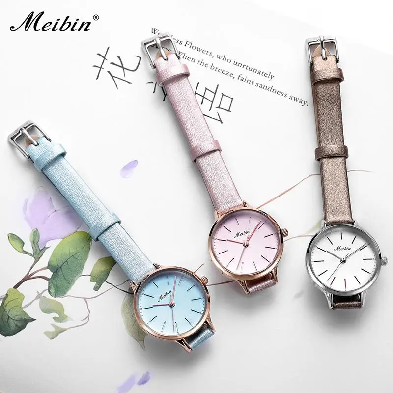 Модные MEIBIN новые Брендовые женские кварцевые часы из натуральной кожи