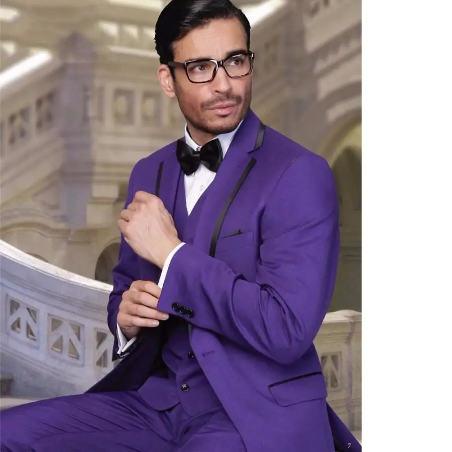 Смокинги жениха с отворотами на заказ фиолетовые Мужские костюмы для свадьбы