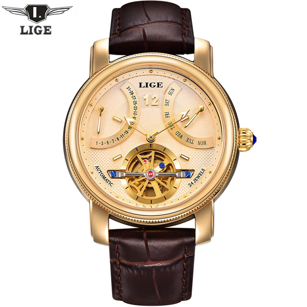 Lige человек часы Элитный бренд Модные Повседневное Tourbillon Для мужчин золото