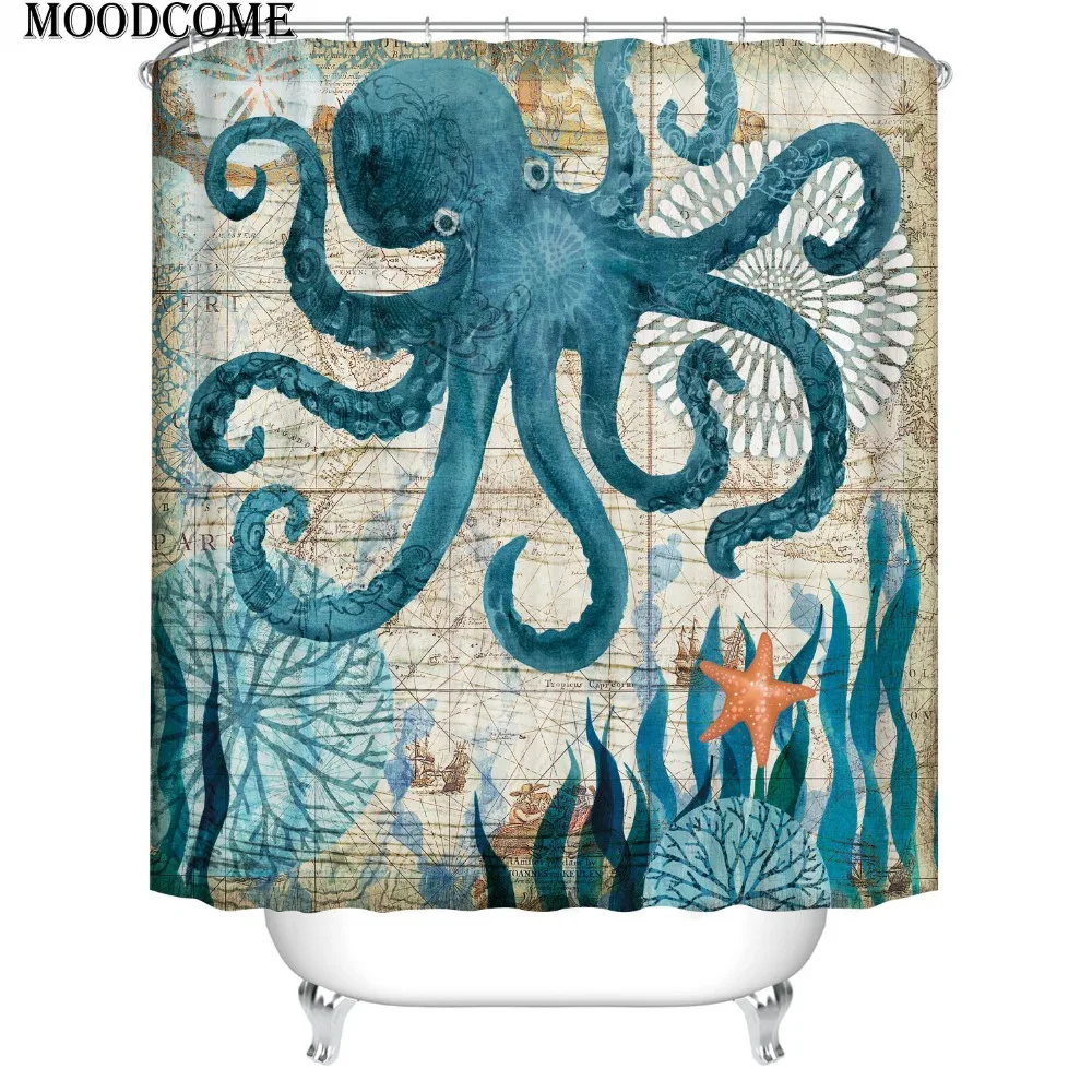 

Marine life shark bath curtains shower printing starfish waterproof 3d octopus curtains bath