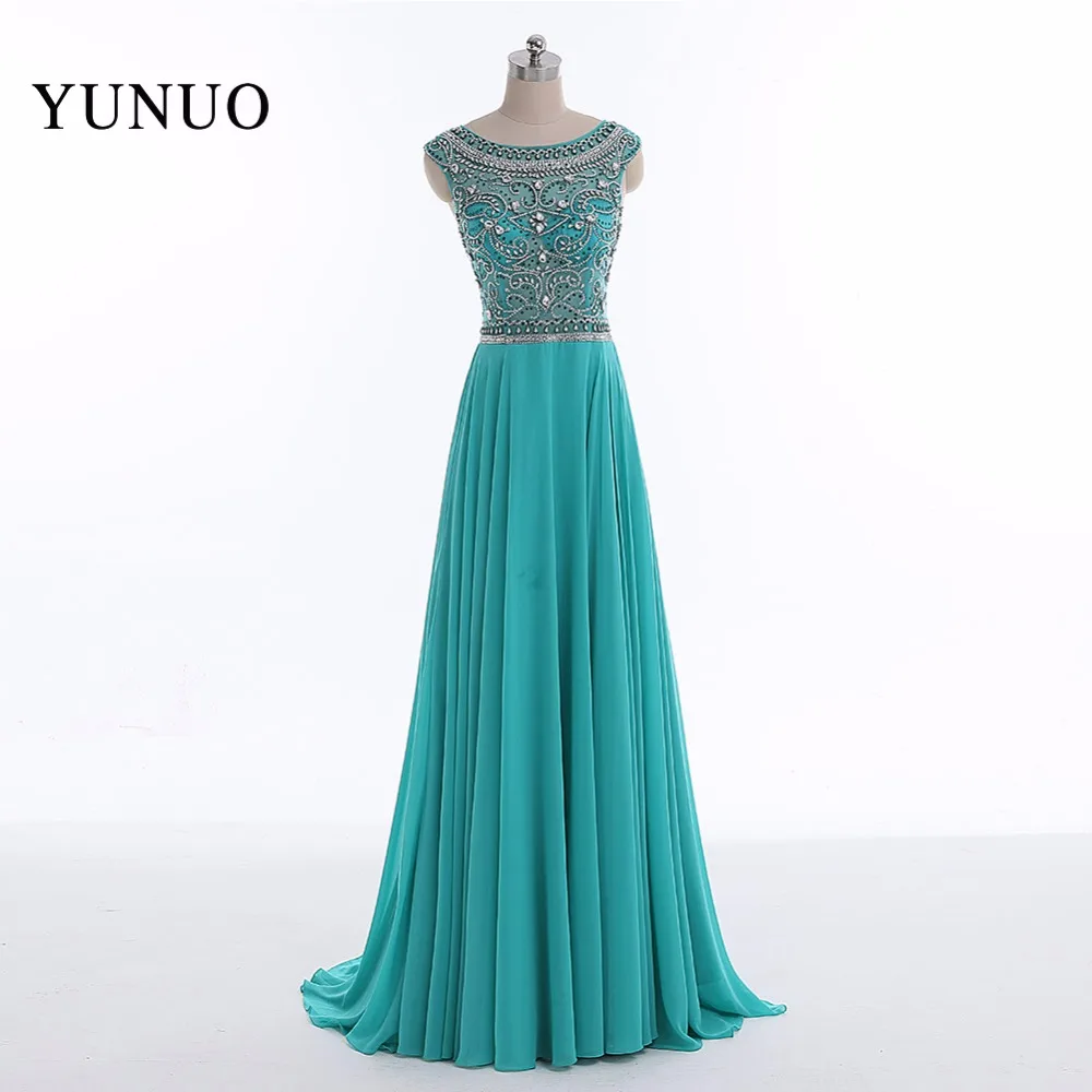 

New Arrival Chiffon A Line Scoop Neck Long Evening Dresses 2019 Beading Sequined Backless Floor Length Evening Dress YN52801