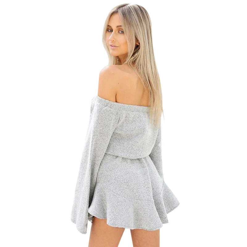 Sexy Off Shoulder Knitted Sweater Women Brand Gray Pullovers Knitwear Autumn Winter Jumper Pull Femme Basic Top | Женская одежда