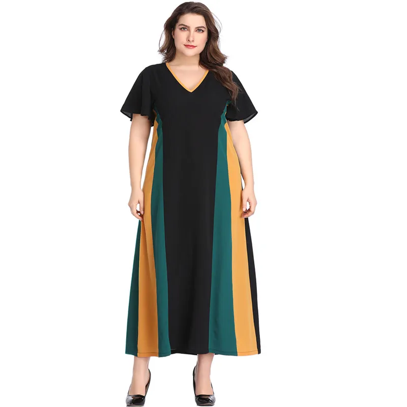 Зеленый Vestido летнее платье женщина XL-5XL большой Размеры платье V Neck контраст Цвет короткий рукав Femme плюс Размеры длинное платье HY88061 - Цвет: Зеленый