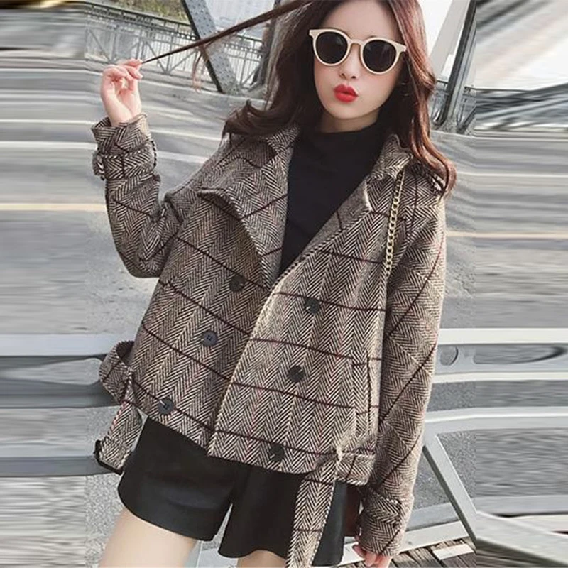 Студенческое короткое пальто для женщин весна-осень 2019 Клетчатая Шерстяная