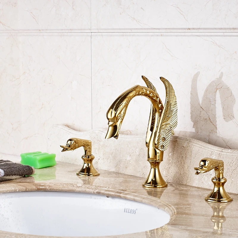 Роскошный золотой Латунный Кран с лебедем широкий 3 отверстия 2 ручки смеситель