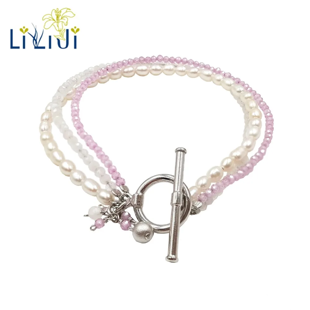 

Lii Ji Tiny Moonstone,Pink Zircon,Freshwater Pearl 925 Sterling Silver OT Clasp Shining 3 Rows Bracelet For Women Girls