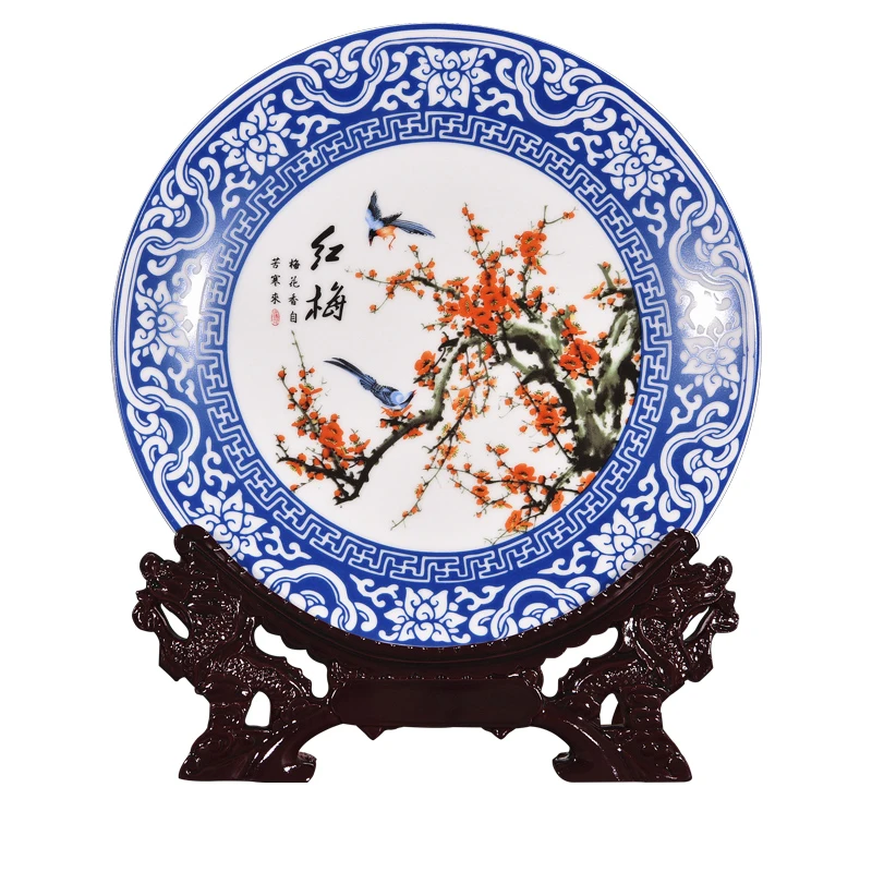 Фарфоровое декоративное тарелка Jingdezhen керамическая синяя и белая Сливовая