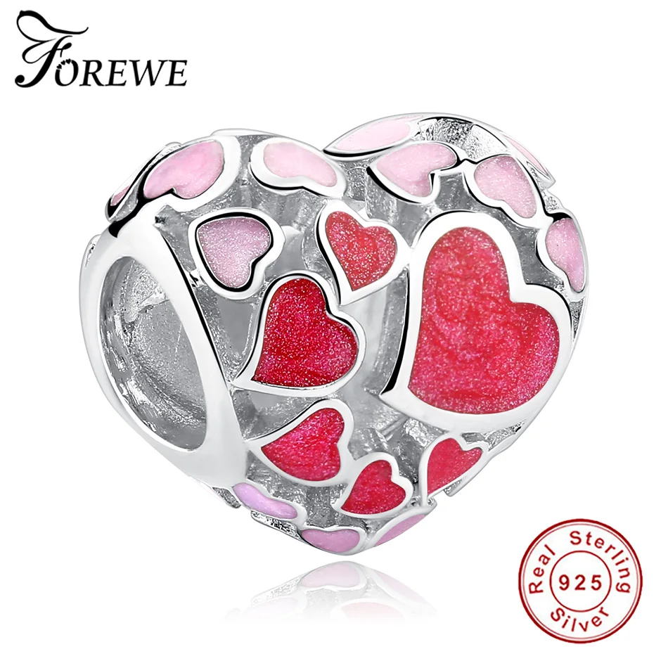 FOREWE 925 пробы серебряные красные розовые эмалированные бусины в форме сердца