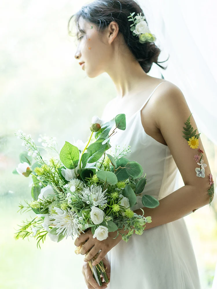JaneVini Romantic White Bridal Bouquets Artificial Silk Rose Boho Bouquet Green Leaves Bridesmaid Holding Flowers Bouket Wedding | Свадьбы и