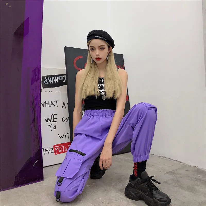 Фиолетовые женские штаны Карго уличная одежда женская bf ins harajuku хип хоп корейский