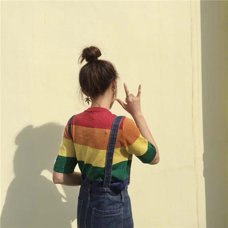 2019 Summer New Fashion Rainbow Striped Women Short Sleeve Knitted Tops Tee Harajuku Sequin Top Camisetas Office Lady | Женская одежда
