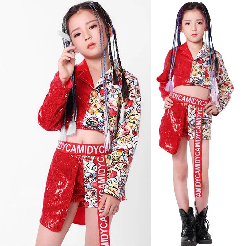 Kids Red Sequined Pants Jacket Coat Hip Hop Clothing Clothes Jazz Dance Costumes Suit Girls Stage wear Ballroom Dancing Outfits |
