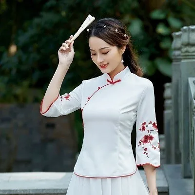 white Розовые Топы китайские Qipao рубашки guzheng вышивка цветок национальная таможня мода ежедневно Китай чайная церемония обслуживание шелковый пиджак - Цвет: white