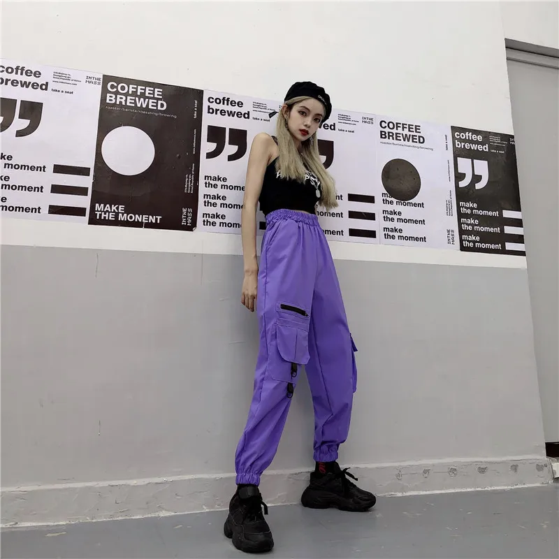 Фиолетовые женские штаны Карго уличная одежда женская bf ins harajuku хип хоп корейский