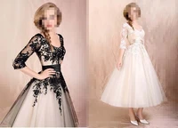 free shipping hot classical design vestido de noivas new arrival a line lace applique tea length wedding dresses