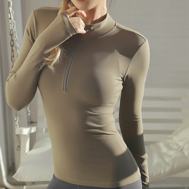 Colorvalue Половина Молнии Йога Фитнес Рубашки для женщин Slim Fit нейлон тренировки тренажерный зал топы корректирующие анти пот Спорт пулове - Цвет: Gray Green