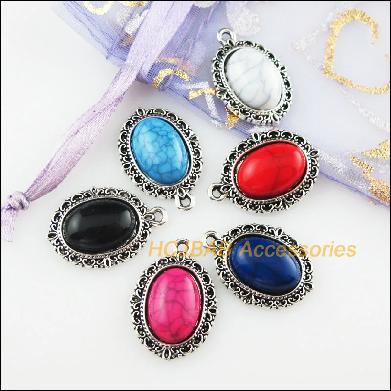 Мода 12 шт Тибетский серебристый цвет овальные разных цветов каменный Шарм