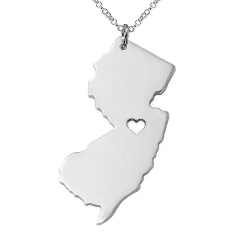 

New New Jersey Map Necklace 304 Stainless Steel New Jersey Map Heart Pendant Necklace Women Fashion Map Jewellery Gift 12pcs/lot
