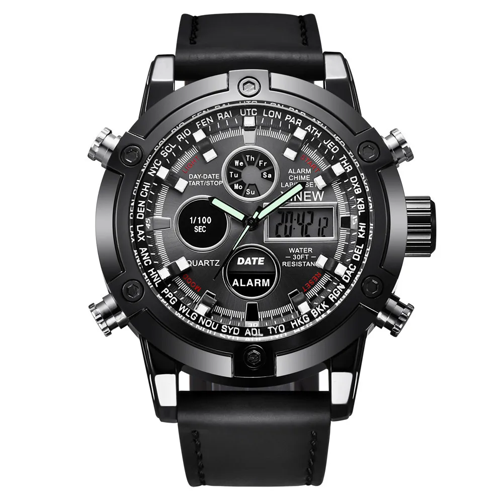 

Xinew Men Wrist Watch Luxury Dual Movt Leather Quarz Analog Digital LED Sport Watch Mens Military Style Waterproof Watches