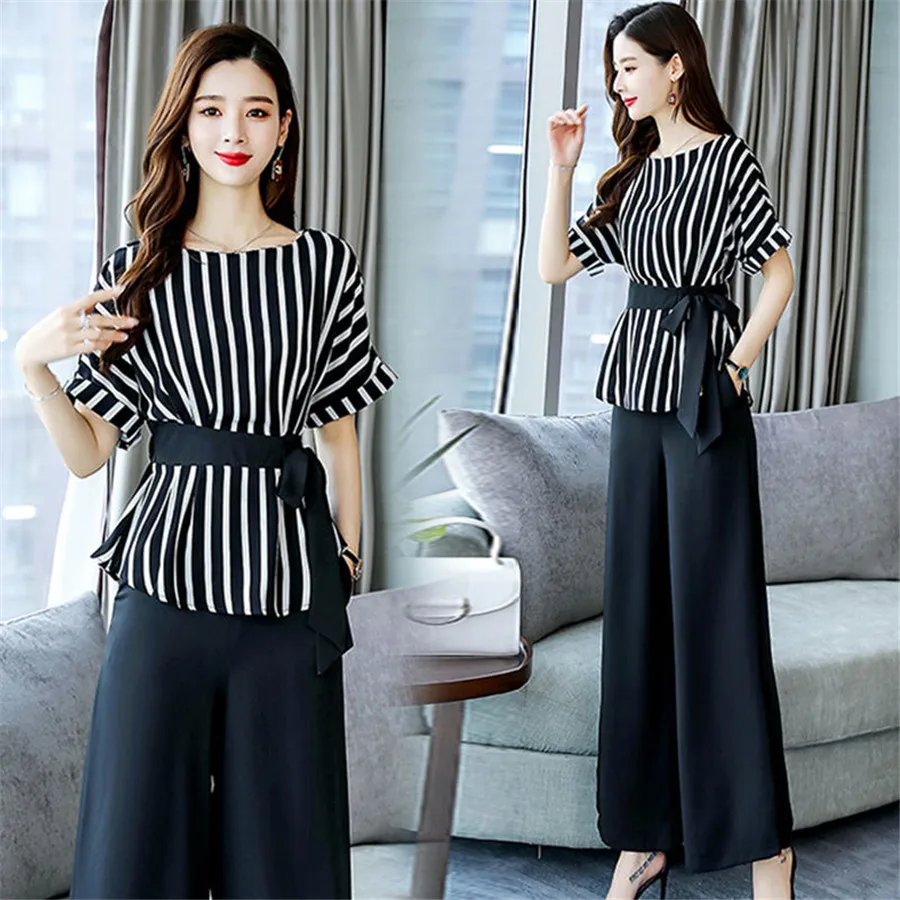 

2019 Two Piece Set Spring summer Casual O neck Belt Chiffon Tops+Wild Leg Pants Womens Clothing 2pcs Set