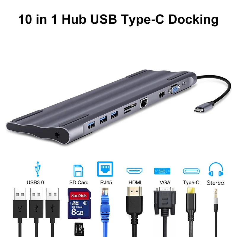 Baolyda usb-хаб 10 в 1 Thunderbolt 3 type C адаптер док-станция 3 USB 3,0 порт HDMI 1080P VGA RJ45 Gigabit Ethernet для Macbook Pro