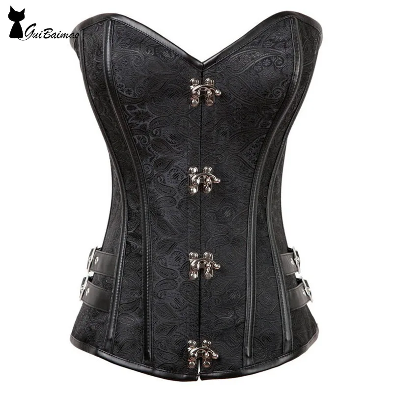 

Black Puck Corset Overbust Lace Up Boned Waist Trainer With Buckle