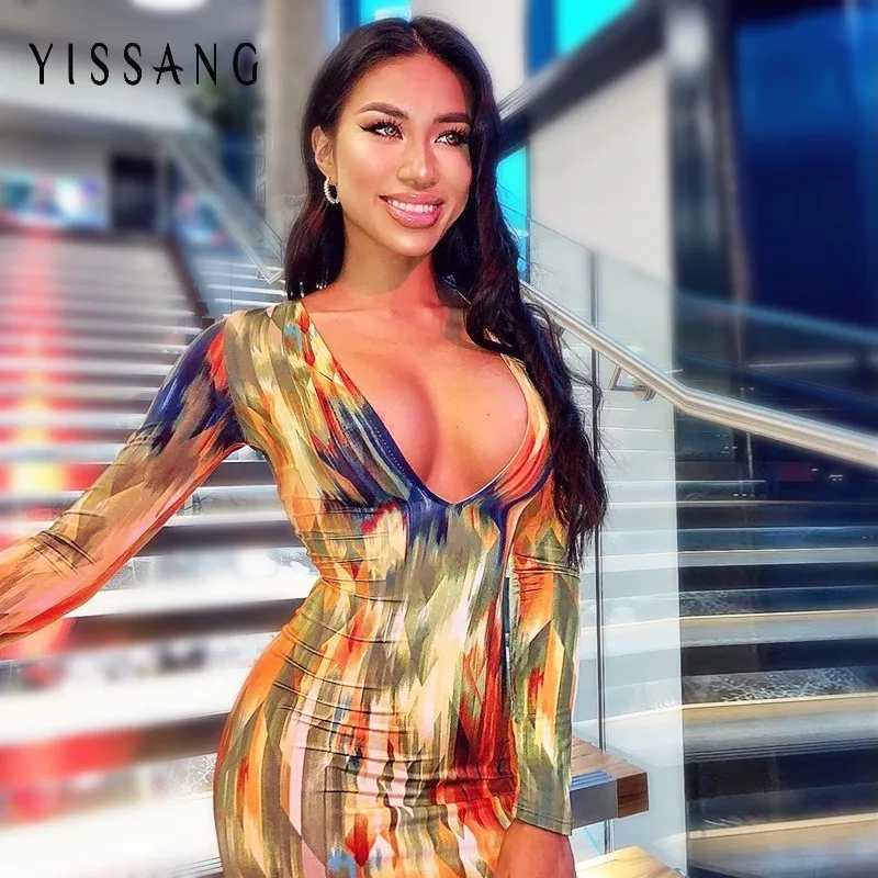 Yissang Сексуальное Женское Платье с v-образным вырезом и цветочным принтом, облегающее платье с длинным рукавом, Сексуальные вечерние платья средней длины с абстрактным принтом