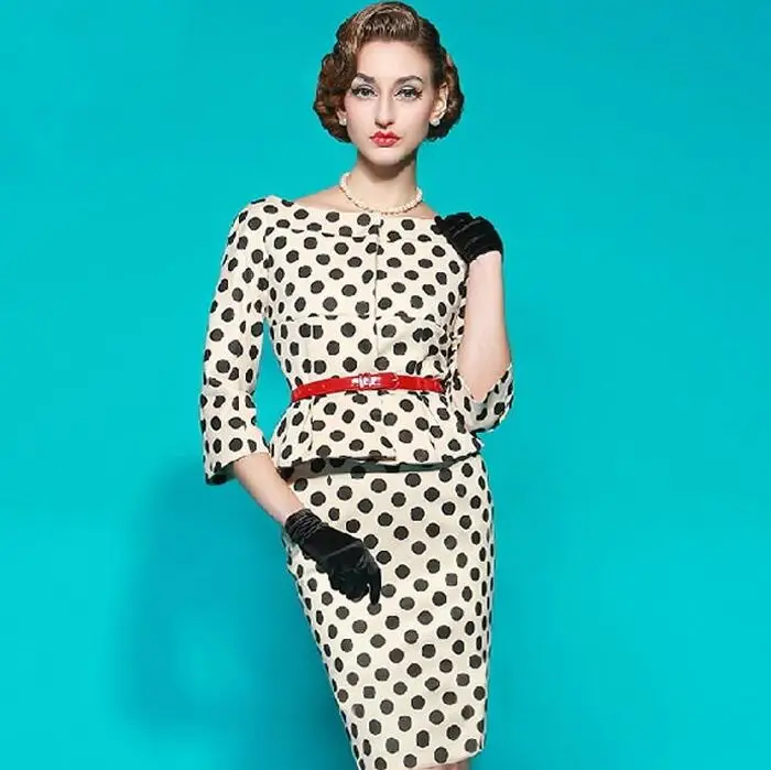 

Ladies Formal Dress Suits Office Work Wear Business Vintage Elegant Polka Dot Women Blazer Top Pencil Dress With Belt Plus Size