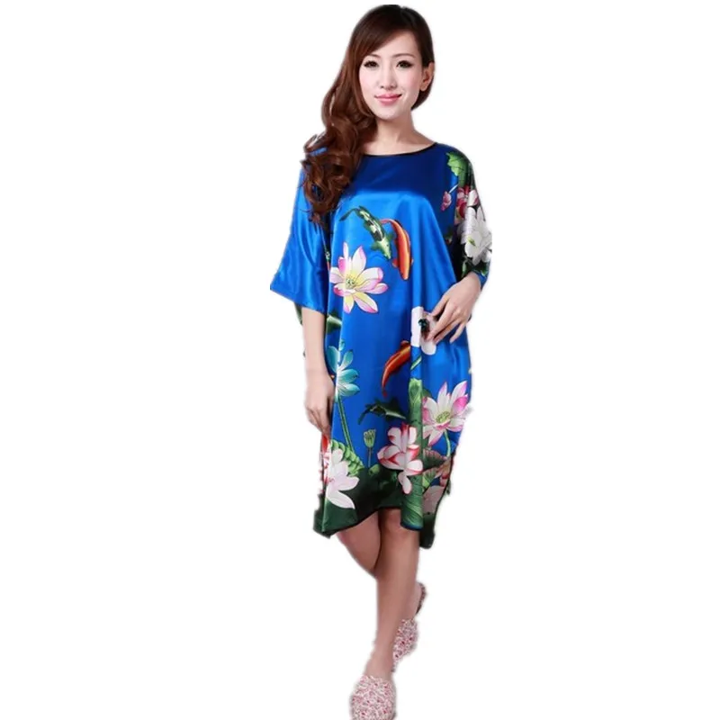 

Fashion Blue Ladies Robe Summer Pajamas Chinese Women Rayon Sleepwear Kimono Bath Gown Nightgown Kaftan Yukata One Size M04