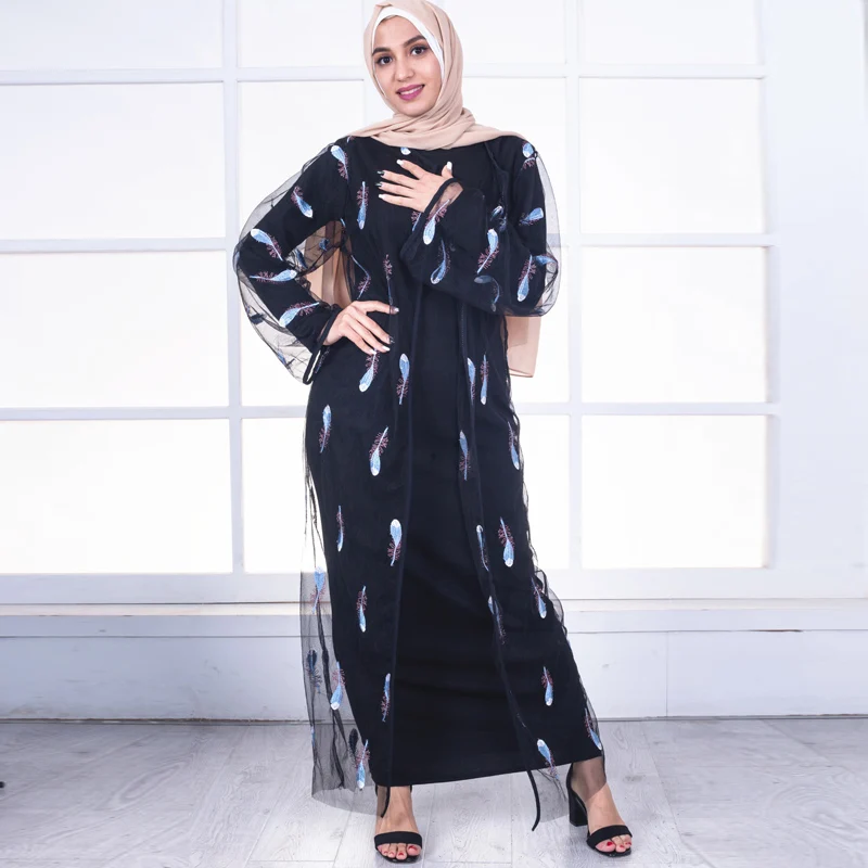 One Plus Size Abaya Kimono Muslim Women Long Embroidery Patchwork Mesh Cardigan Chiffon Blouse Turkish Islamic Clothing