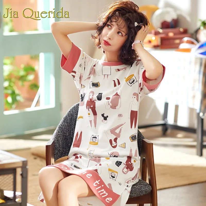 J & Q ночная рубашка для женщин 2019 Ночное платье милый 100% хлопок короткий сна