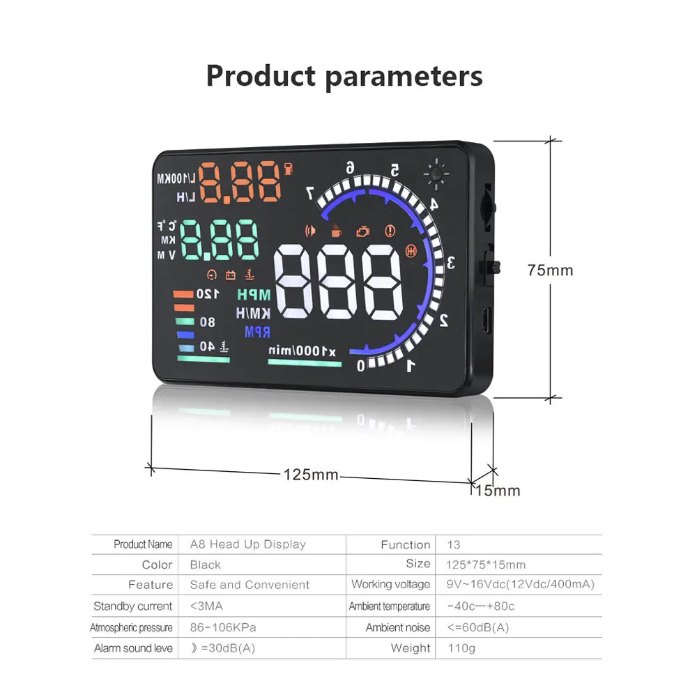 

1PCS LED Windscreen A8 5.5" Car HUD Head Up Display Projector OBD2 Scanner Speed Warning Fuel Consumption Data Diagnostic