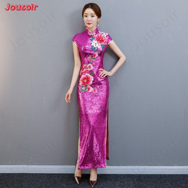 2018 Блестки Кружева Длинные изменение cheongsam производительности Подиум костюм