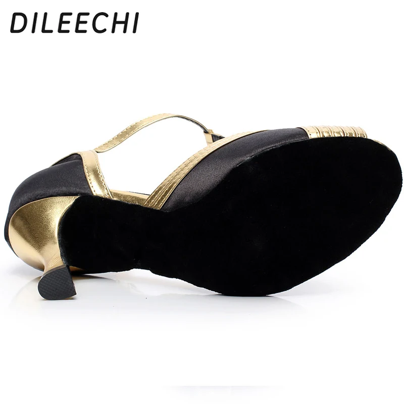 DILEECHI/черные Сатиновые золотые туфли из искусственной кожи для латинских танцев