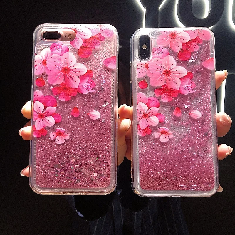 Glitter Flowing Transparent Bling Pink Flowers At The Top Right Corner Around Camera For iphone 6 6S 78 Plus X XS XR XSMAX | Мобильные