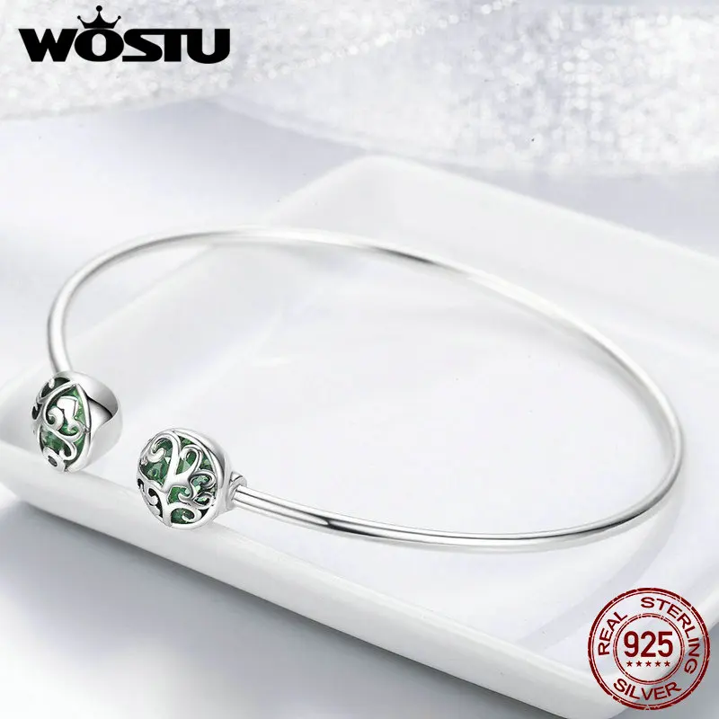WOSTU Настоящее 925 пробы Серебряное Древо жизни зеленый кристалл CZ для женщин Открытый манжета браслет и роскошные серебряные ювелирные изделия CQB057