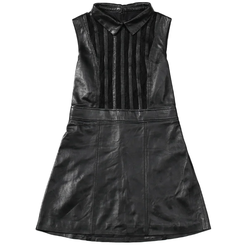 2019 Новое Осеннее женское платье из натуральной кожи офисное черное винтажное