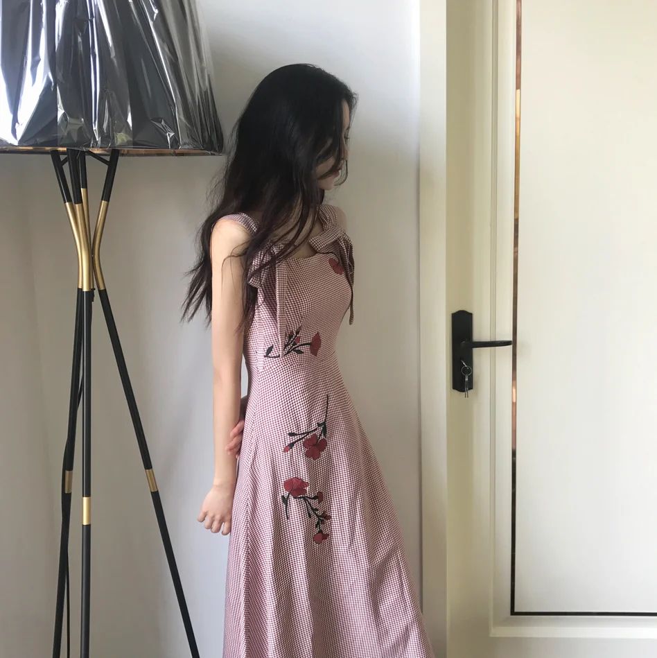 Lychee Girls Plaid Flower Embroidery Lace Up Sleeveless Summer Women Dress Long Causal A Line Female | Женская одежда