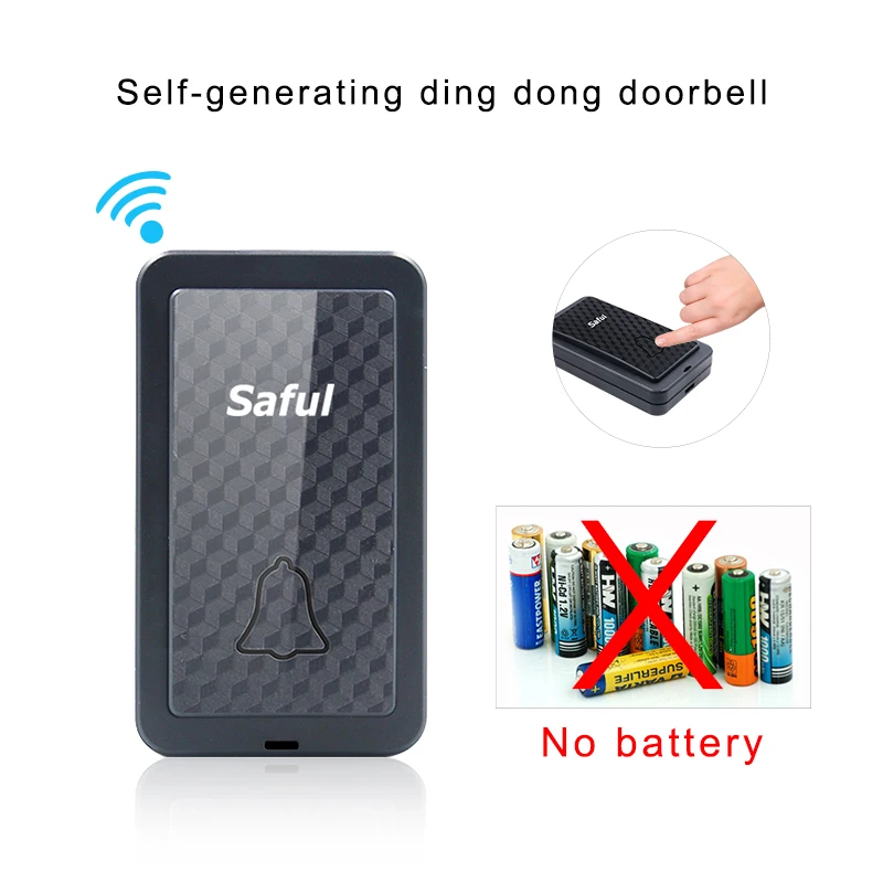 Saful Self-powered Waterproof Wireless Doorbell no battery long distance 2 Outdoor Button +1 Indoor Receiver EU/US/UK/AU plug |