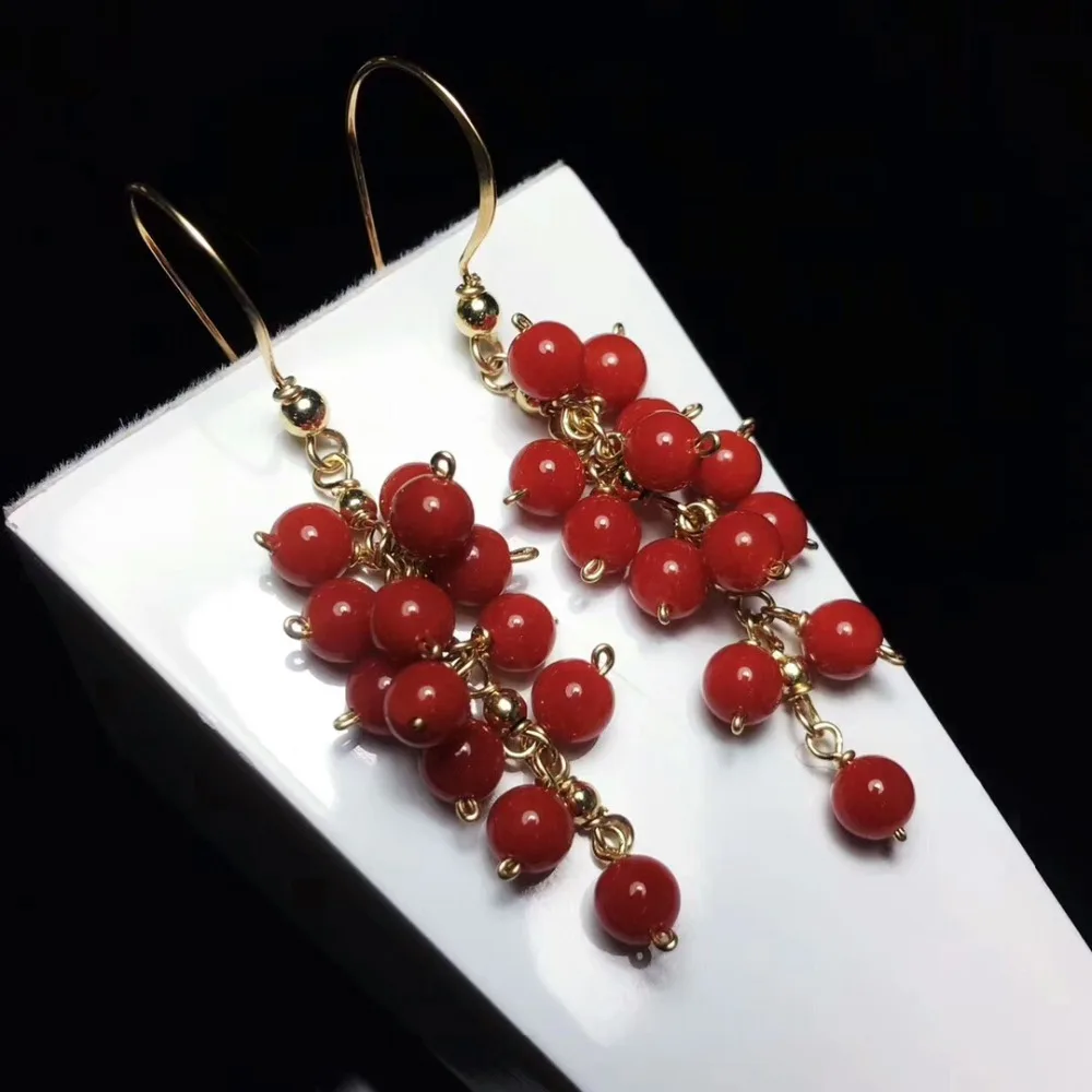 

Natural Material Red Coral Drop Earrings 9k Gold For Women Wedding Fine Jewelry