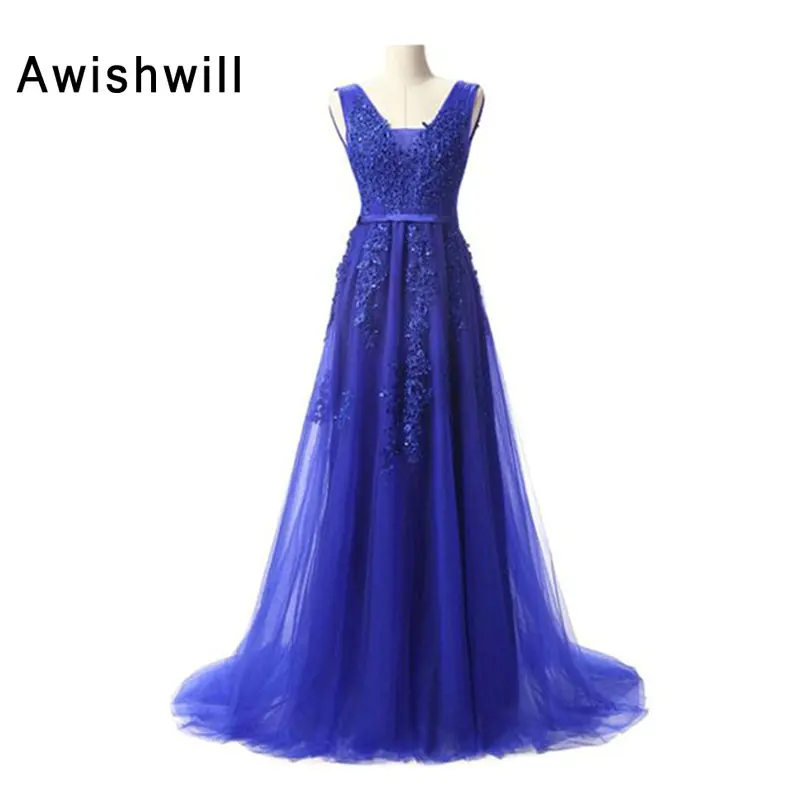 

Real Photo Royal Blue Sexy Prom Dresses Long Backless Beading Appliques Robe de Bal Longue Party Cocktail Dress Cheap Prom Dress