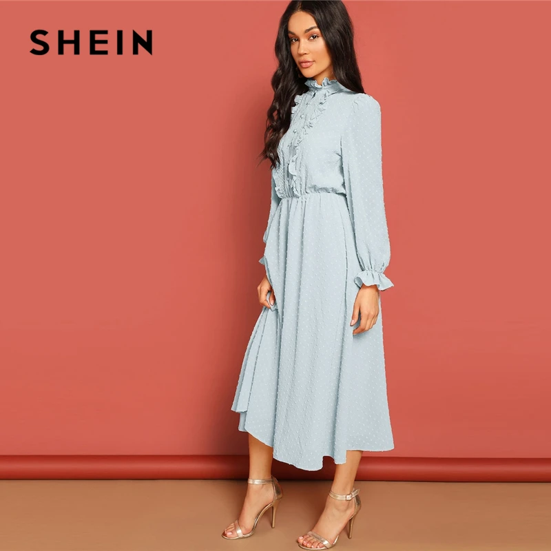 SHEIN Платье С Кружевом И Складкой Женское Голубое Весеннее Элегантное Платье С Длинными Рукавами И Пуговицами