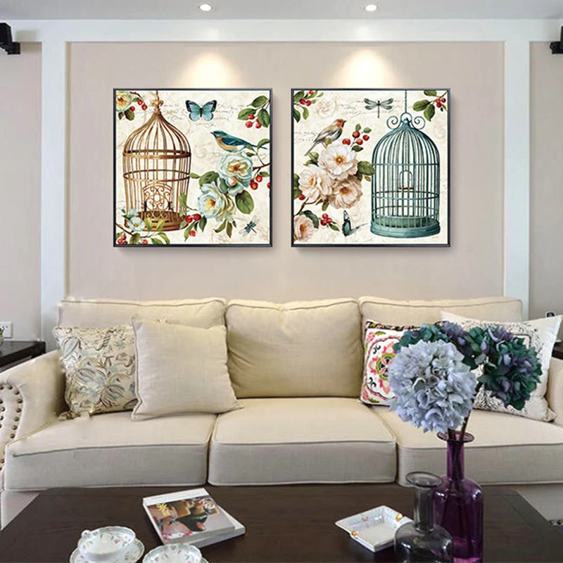 HAOCHU Европейская садовая пейзажная Картина на холсте бабочка птичья клетка