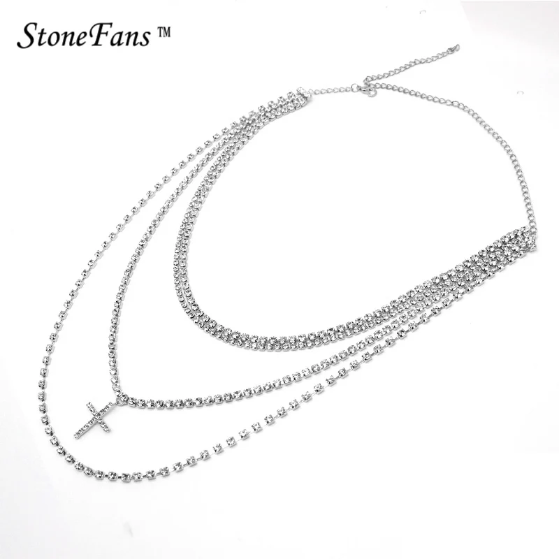 StoneFans, многослойное длинное ожерелье-чокер, стразы, для женщин, роскошный крест, кристалл, чокер, цепочка, ожерелье, ювелирное изделие, подарки