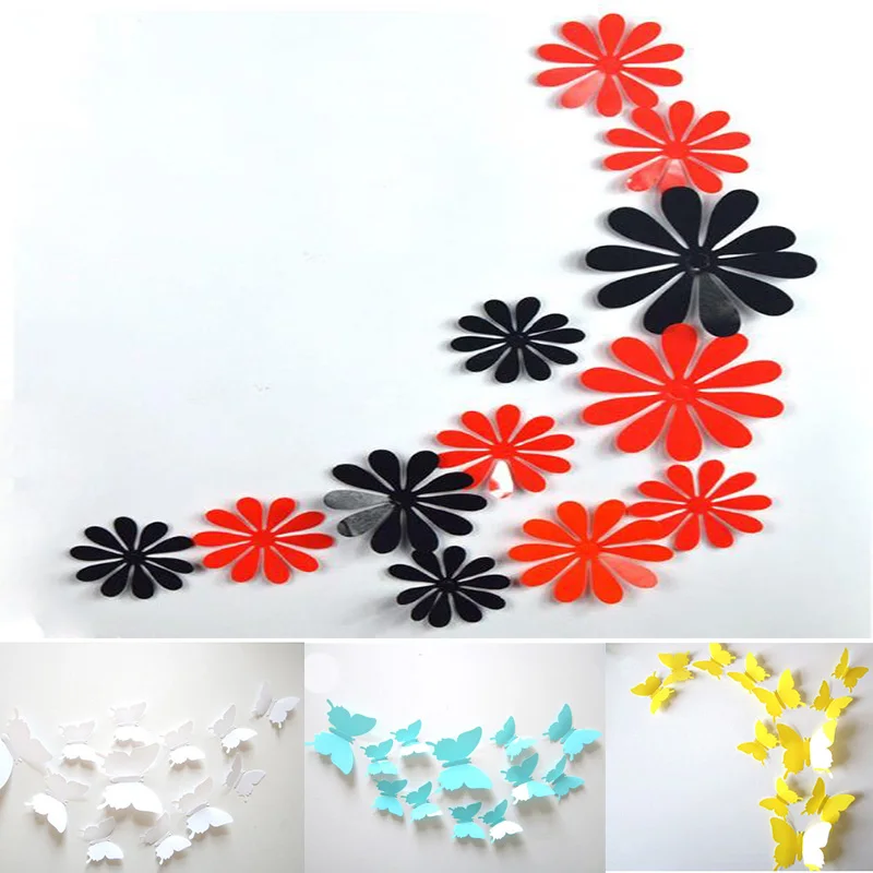 12 шт. DIY 3D однотонные настенные наклейки с бабочками и цветами для украшения дома
